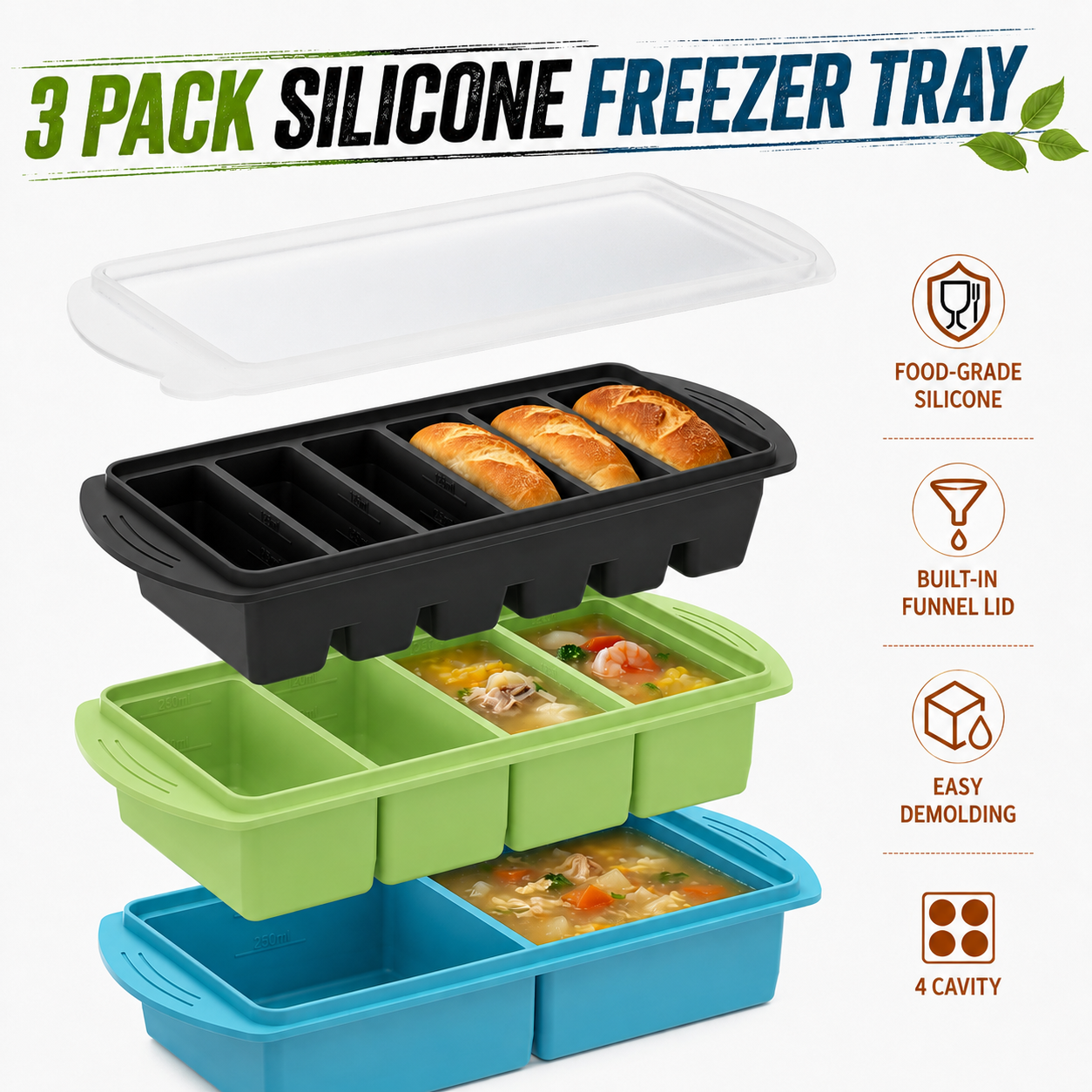 3 Pack Silicone Freezer Trays  – Meal Prep Chia Pudding Bewertung und Preis